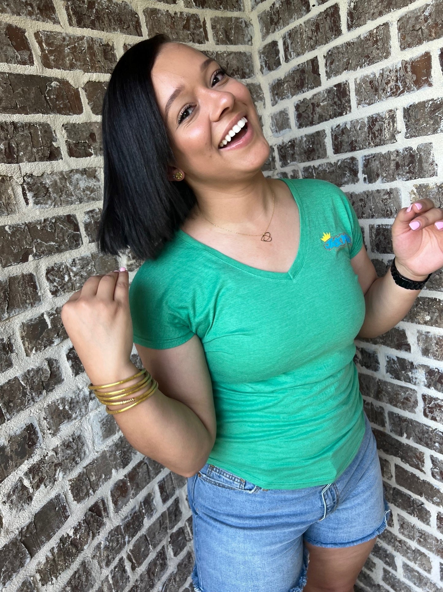 Women’s Classic JackMobb Graphic Green V-Neck Shirt