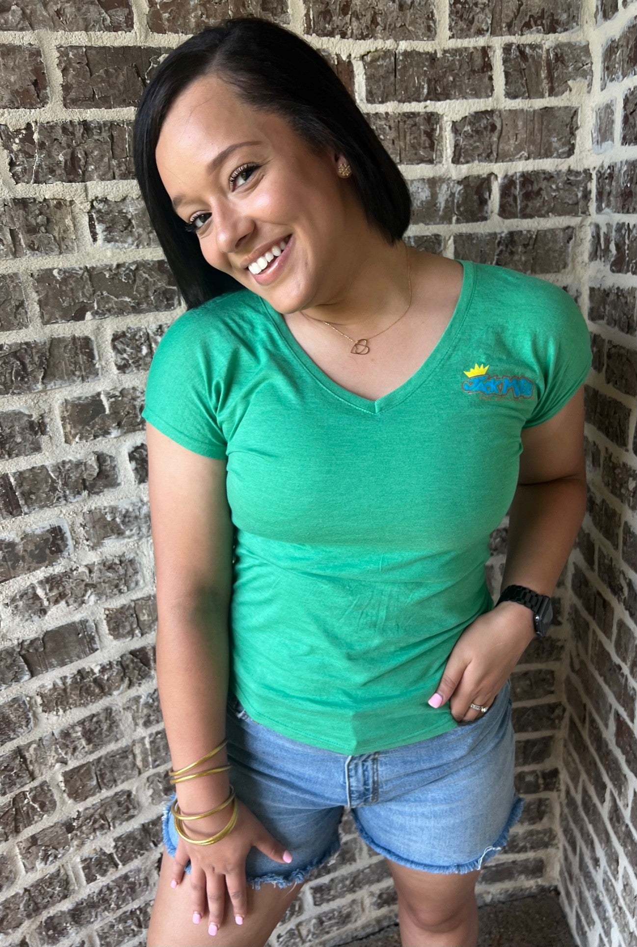 Women’s Classic JackMobb Graphic Green V-Neck Shirt
