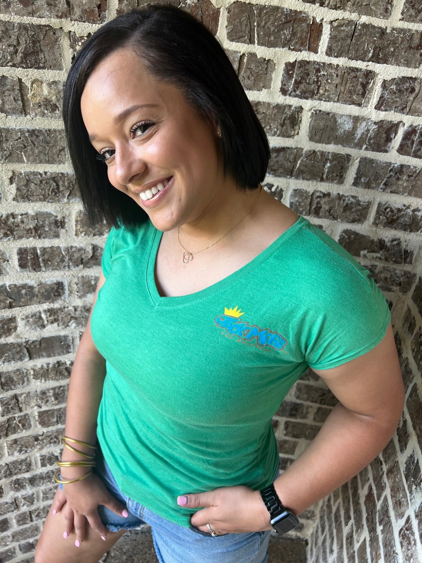Women’s Classic JackMobb Graphic Green V-Neck Shirt