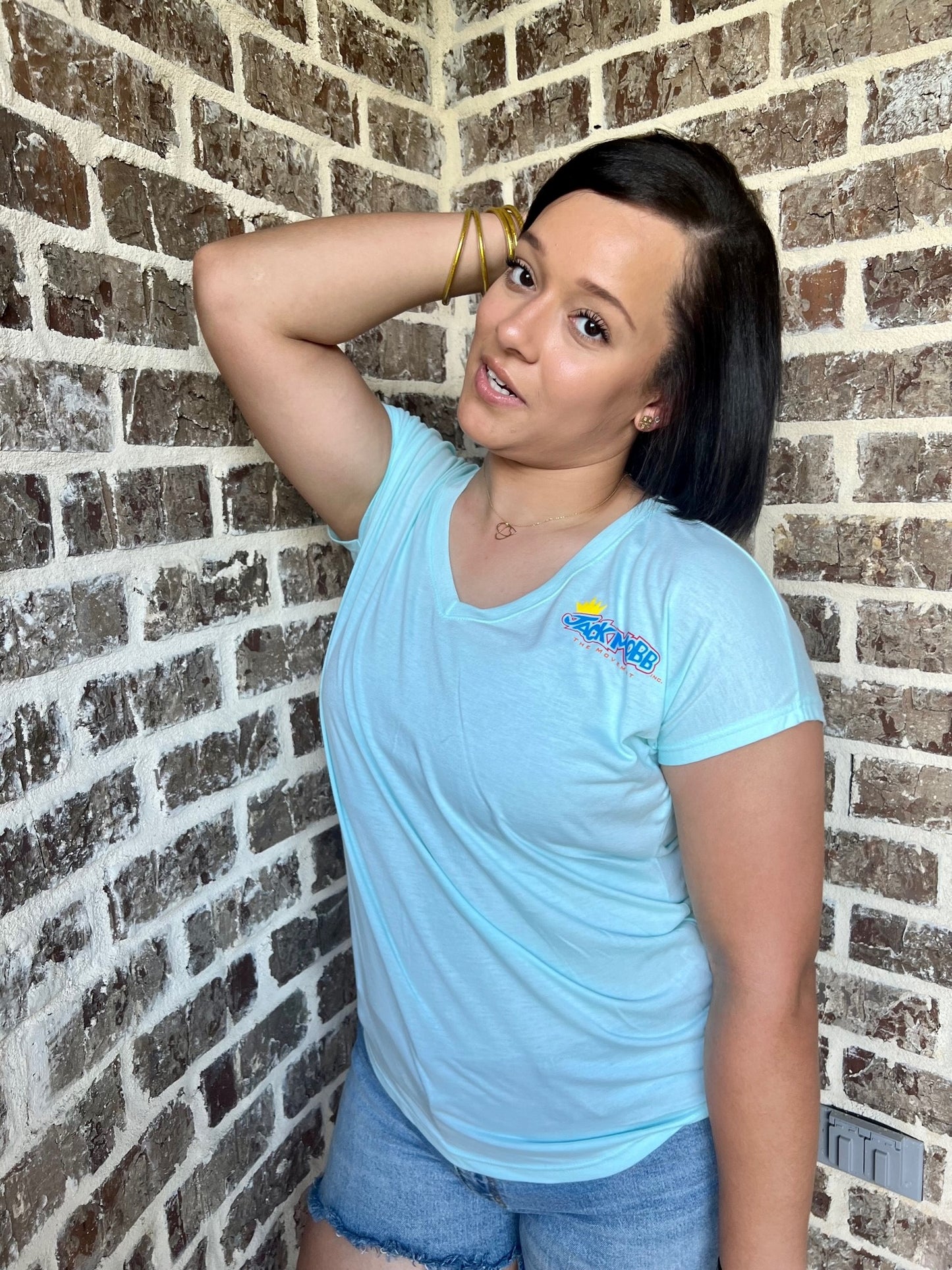 Women’s Classic JackMobb Graphic Teal Ice V-Neck Shirt