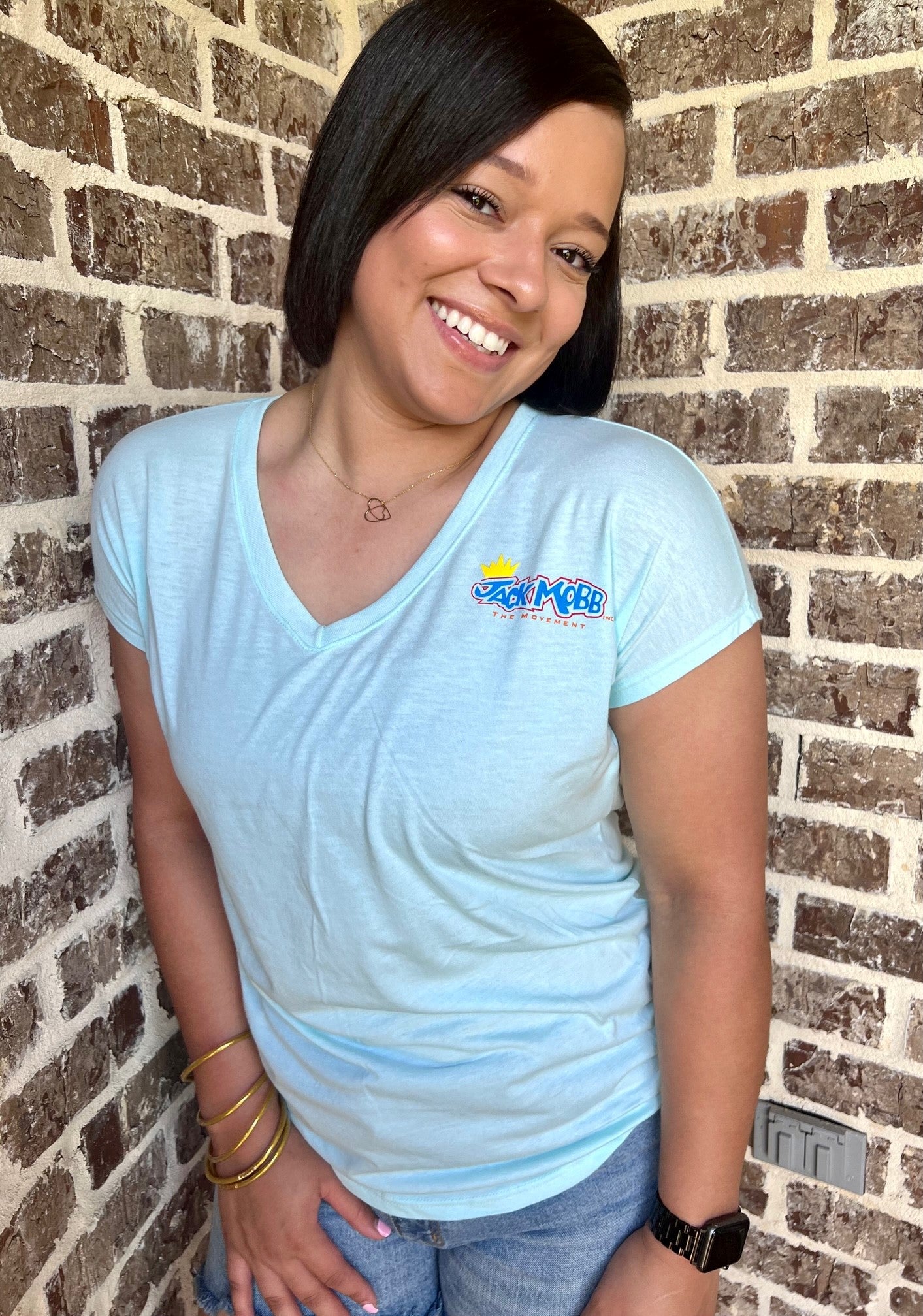 Women’s Classic JackMobb Graphic Teal Ice V-Neck Shirt