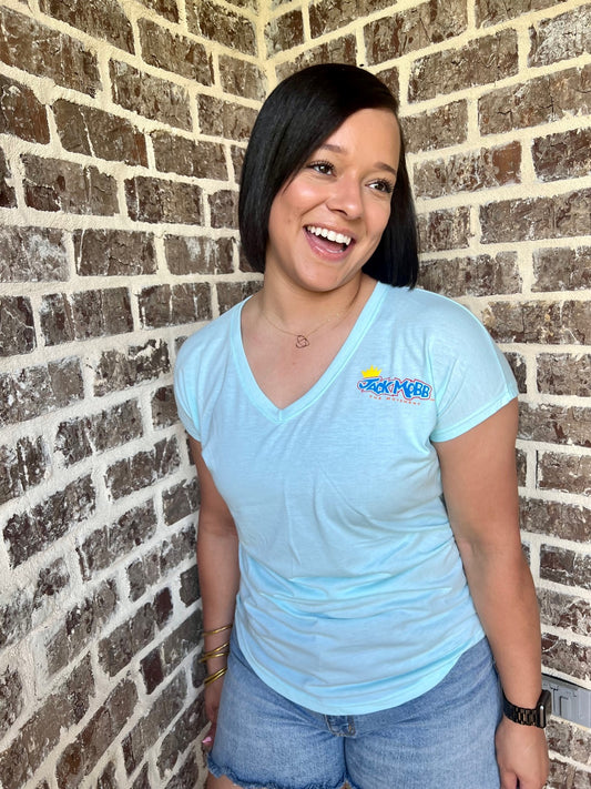 Women’s Classic JackMobb Graphic Teal Ice V-Neck Shirt